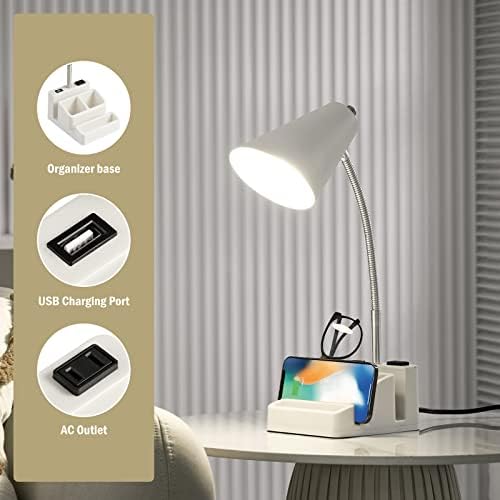 LED Desk Lamp with 1 USB Charging Port and 1 AC Outlet, Organizer Base, Adjustable Neck, On/Off Switch, Modern Table Lamp for Reading, Working, Studying, Gentle Warm White Light, Eye Protect