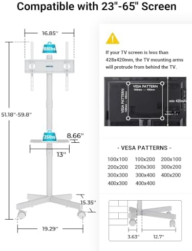 BONTEC Mobile TV Stand for 23-65 Inch TVs, Rolling TV Stand, White