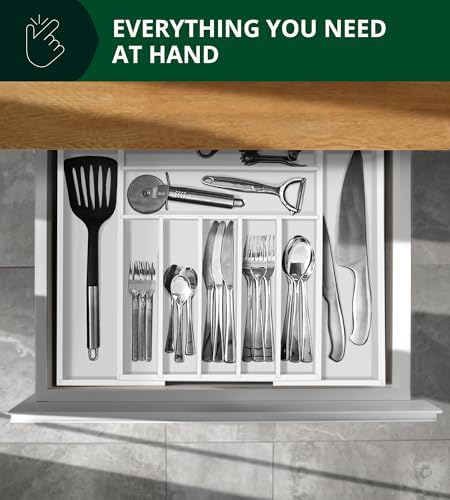 ROYAL CRAFT WOOD Luxury Bamboo Kitchen Drawer Organizer - Silverware Organizer - Utensil Holder and Cutlery Tray with Grooved Drawer Dividers for Flatware and Kitchen Utensils (9 Slot, White)