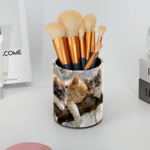 Leather Pen Holder for Desk, Sleeping Cat Pencil Cup Pen Organizer Makeup Brush Holder for Office Home Kids Countertop Desk Accessory Storage