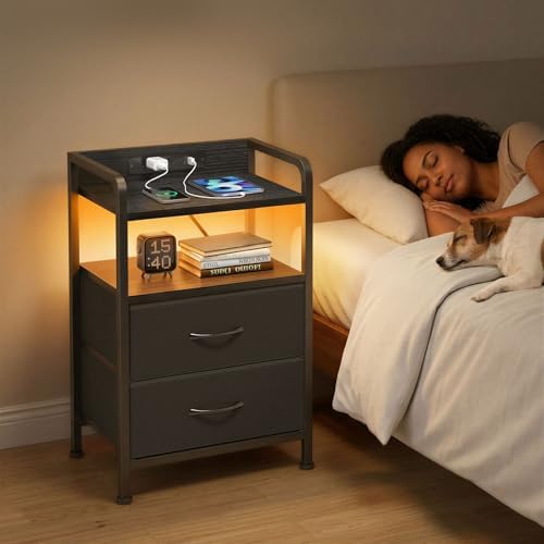 Fixwal Black Led Nightstand, Rear Charging Station, 2 Fabric Drawers