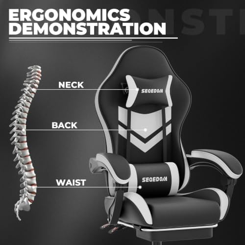 Gaming Chair with Footrest & Massage Lumbar Support, PU Leather Ergonomic High Back Swivel Height Adjustable Chair for Adults, Office Gaming, 300 lbs (Black White)