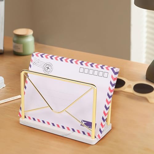 Modern Mail Holder for Home Office, Metal Letter Organizer Sorter for Desk, Cutout Mail Envelope Design, Bill Filling Paper Document Rack, Envelope Storage Rack with Marble Base (Gold)