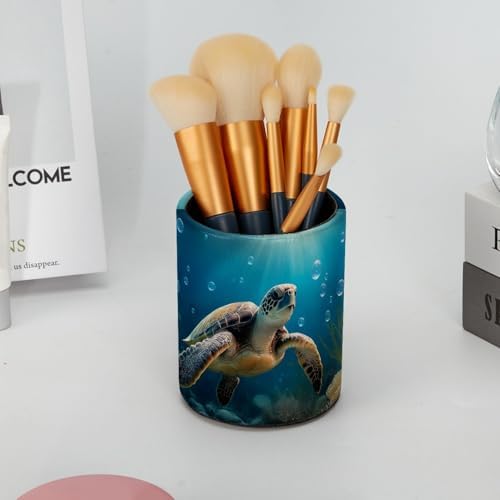Turtle Ocean Pen Holder Pencil Organizer Cute Pencil Cup Desk Decor Makeup Brush Holder PU Multifunctional Office Supplies for Home Classroom School
