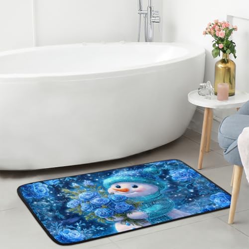 Christmas Door Mat Kitchen Mats, Christmas Blue Snowman Rose Door Rugs, Cushioned Anti Fatigue Absorbent Kitchen Rug, Non-Slip Standing Desk Mat, Front Door Rug for Floor, Office, Sink, 20"×39"