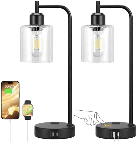 Industrial Touch Table Lamps for Bedrooms Set of 2 - 3-Way Dimmable Lamps with USB C+A Ports and Outlet, Black Bedside Lamps with Seeded Clear Glass Shade for Living Room, Desk Lamps for Home Office