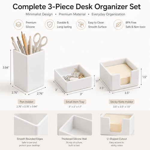 minimaliving Aesthetic Silicone Desk Organizer Set of 3,Modern Office Desk Accessories with Pen Holder,Paperclip Tray,Sticky Note Holder,Stylish Functional Office Desk Decor for Back-to-school(White)