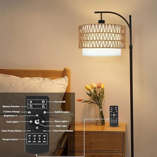 ZECOXOL Arc Floor Lamp with Table and Shelves,Rattan Boho Floor Lamp with Remote Control,Rustic Floor Lamps for Bedroom Wicker Standing Lamp with 3 Color Temperature Tall Lamp for Living Room Corner