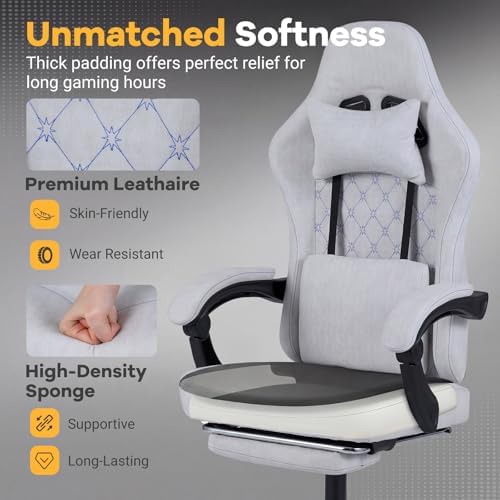 GIANTEX Gaming Chair, Ergonomic Computer Chair with Headrest, Lumbar Support, Linkage Armrests, Reclining Backrest & Footrest, High Back Swivel Office Chair, Video Game Chair (Grey)