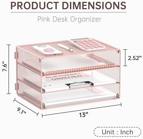 DALTACK 3 Tier Letter Tray Paper Organizer with Sliding Mesh Trays Pink