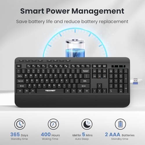TECKNET 2.4GHz Wireless Ergonomic Keyboard with Full Size Wrist Rest