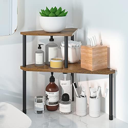 Weenson Kitchen Countertop Organizer Spice Rack for Salt, Bathroom Counter Organizer Over Sink for Toiletries, Makeup, 2-Tier Corner Counter Shelf for Coffee Area Storage Dresser Table(Rust Brown)