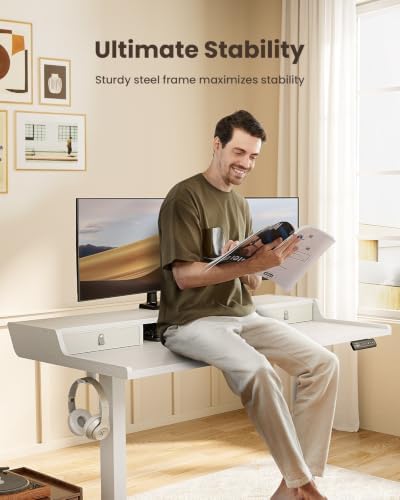 ErGear Electric Standing Desk with Drawers, 48″ x 24″ Gaming Table Compatible Monitor Stand, Stand up Desks, Home Office Height-Adjustable Desk with Storage Shelf, 4 Preset Heights, White