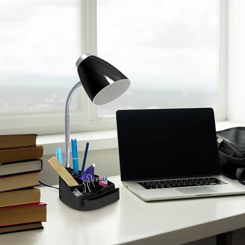 Simple Designs LD1067-BLK Compartmental Desk Lamp with iPhone/iPad/Tablet Stand, Bendable Gooseneck, for Office, Living Room, Nightstand, Library, Entryway, Black