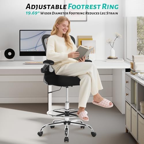 500LBS Ergonomic Drafting Chair Tall Office Chair for Counter Height or Standing Desk, Executive High Office Chairs with W-Shaped Thick Seat Cushion, Footrest Ring & Breathable Fabric, Black