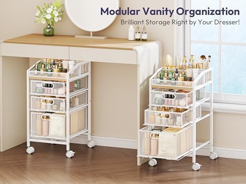 SWTYMIKI Rolling Utility Cart with Drawers - Under Desk Storage Cart with DIY Divider & Lockable Wheels, Multi-Functional Craft Art Supply Organizer for Office, Vanity, Craft Room & Studio White