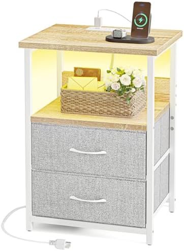 Fixwal Night Stand with Charging Station, Led Nightstand, 2 Fabric Drawers