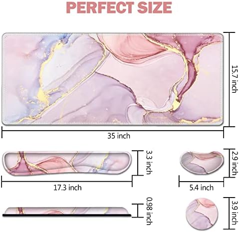 AIMSA Large Gaming Mouse Pad Set, Keyboard Wrist Rest Support Mouse Pad, Ergonomic Memory Foam Multifunctional Extended Desk Mat 35x15.7in Anti-Slip Rubber Base for Office Home, Pink Purple Marble