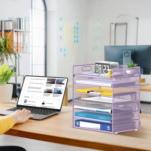 7 Tier Paper Organizer for Desk with Mesh Letter Trays and Handle Purple