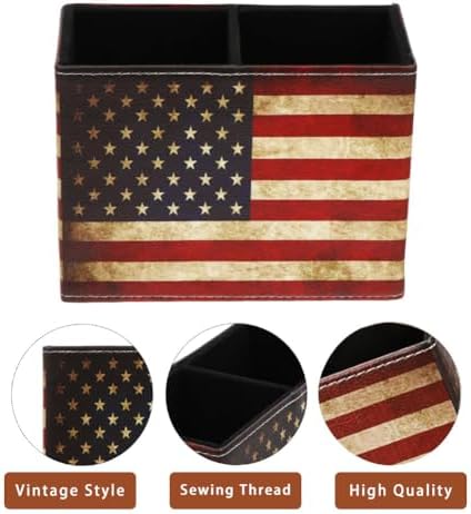 American Flag Desk Organizer, PU Leather Retro Vintage Cool Supplies, Patriotic Decor Pen Pencil Holder Office Home Accessories (USA Flag)