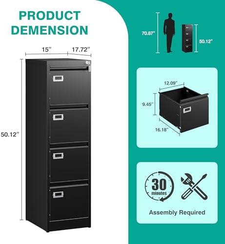 SISESOL 4 Drawer File Cabinet with Lock and Tag,Black Vertical File Cabinet,Narrow Locking Filing Cabinets with Drawers,Metal Filing Storage for Home Office Fit A4 Legal/Letter Size