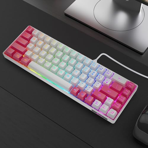 GEODMAER 65% Gaming Keyboard, LED Backlit Mini Wired Keyboard, Ultra-Compact Anti-Ghosting No-Conflict 68 Keys Membrane Gaming Wired Keyboard for PC Laptop Windows Gamer(White-Pink)