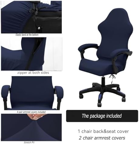 Gaming Chair Cover Set with Armrest Covers, Stretch Ruffled Slipcover for Racing Office Computer Reclining Chairs (Navy)