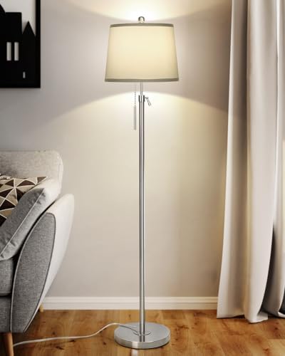 JUNNAI Floor Lamp for Living Room,Adjustable Height Standing Lamp,Dimmable Modern Floor Lamps for Bedroom Office Tall Floor Lights with Pull Chain Bulb Included-Silver Gray Shade