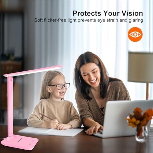 White crown LED Desk Lamp Dimmable Table Lamp Reading Lamp with USB Charging Port, 5 Lighting Modes, Sensitive Control, 30/60 Minutes Timer Pink (Pink, First-Generation)