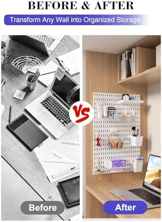 Pegboard Wall Organizer Set – 4 Peg Boards with Hooks & Shelves – Office, Kitchen, Gaming Room Desk Pegboard Storage – Peg Board Wall Display Rack (White)