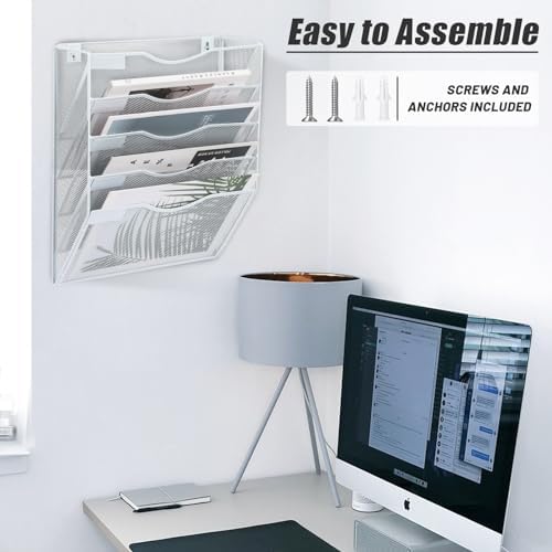 EASEPRES 5 Pocket Mesh Hanging Wall File Organizer, Wall Mounted Mail Paper Document Folder Holder, Clipboard Storage Organization Magazine Rack with Nametag Label for Office Home School, White