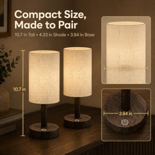 Small Rechargeable Cordless Table Lamp, Nightstand to Desk, Dark Walnut