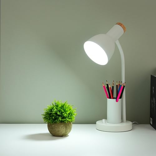 Desk Lamp with Pen Holder, Green, Wood Accent, Adjustable Gooseneck, Modern Study Light (Blue)