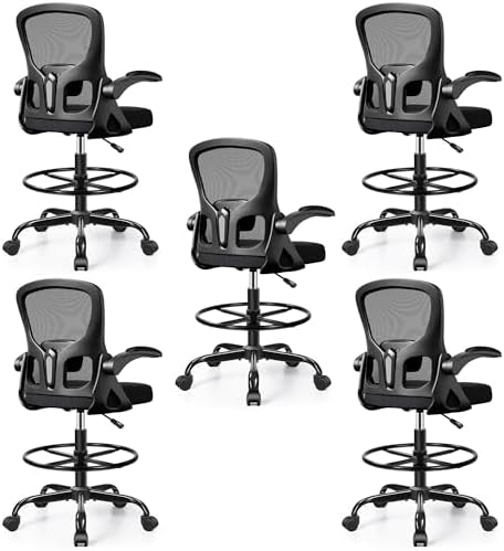 5-Pack Drafting Chair Tall Office Chair for Standing Desk - Ergonomic Computer Work Stool with Flip-up Arms, Foot Ring & Adjustable Lumbar Support. Ideal for Studio, Artist,Study (Black)