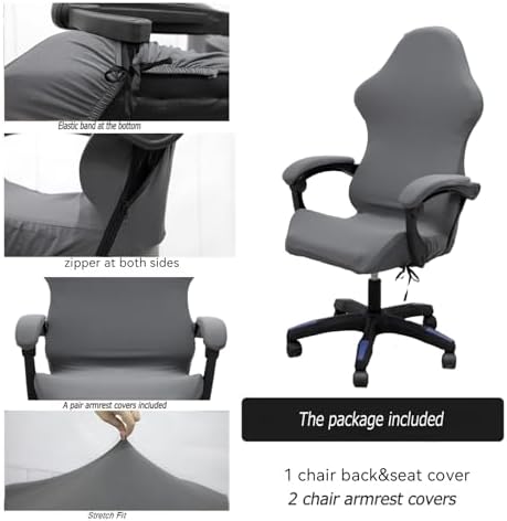 Gaming Chair Cover Set with Armrest Covers, Stretch Ruffled Slipcover for Racing Office Computer Reclining Chairs (Gray)