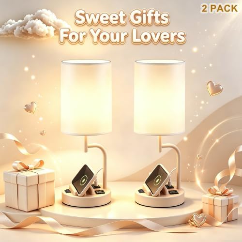 Dreamholder 2 Pack Table Lamp, Bedside Lamp with 3 USB Charging Ports & AC Outlet, USB Desk Lamp with 2 Phone Holders, Linen Fabric Shade Nightstand Lamps for Bedroom Living Room Office, Beige