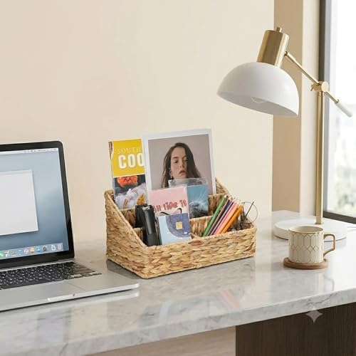 Desk Organizer – Countertop Mail Organizer, Magazine Holder, Boho Decor Water Hyacinth Desk Mail Holder for Home Office, Farmhouse, 12.6" L x 6.7" W x 6.3" H