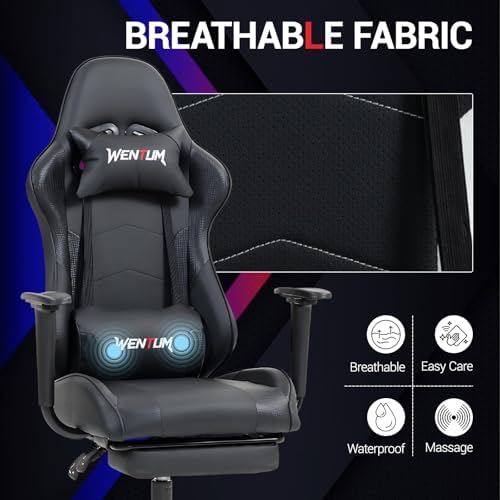 Gaming Chair with Footrest, Video Game Chair with Massage, PU Leather Computer Chair, Lumbar Support for Men Women, Home Office, Height Adjustable, Ergonomic High Back, Black