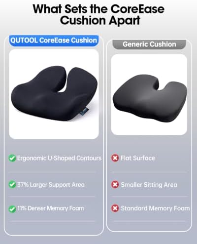 QUTOOL Large Seat Cushion for Office Chair,Pressure Relief & Long Sitting Support,Ergonomic Firm Support Memory Foam with U Cutout, Breathable Chair Cushion for Desk Home Office Work,Non-Slip,Black