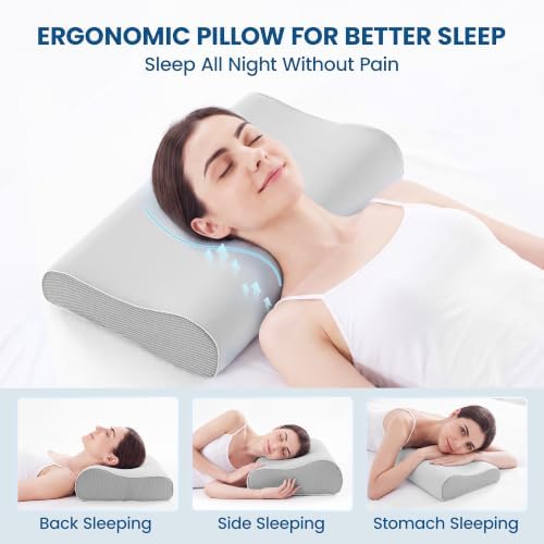 Cervical Neck Pillow for Neck Pain Relief, Odorless Memory Foam Pillow with Adjustable 2 Heights, Cooling Bed Pillow Neck Support Pillow for Side, Back & Stomach Sleepers, Standard Size(Grey)