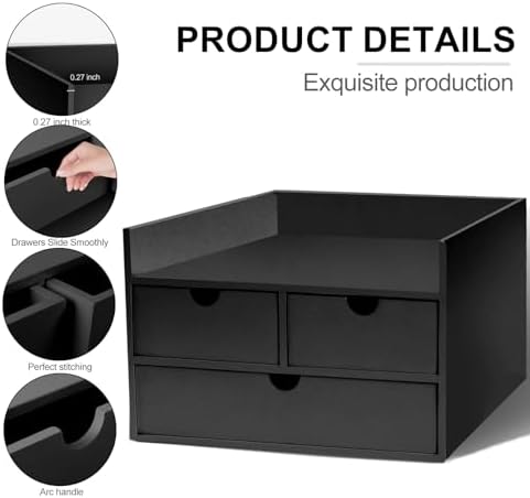 Charmewooden Bamboo Desk Organizer 3 Drawer with Shelf, Countertop Organizer with Drawers Makeup Storage Drawer 3 Drawers Tabletop Storage Organization Box Home Office Workspace(Black)