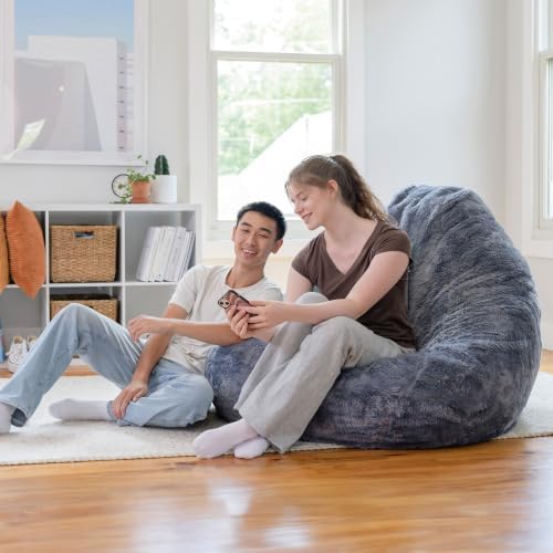 Big Large Teardrop Foam Filled Bean Bag Chair with Removable Cover, Gray Short Shag, 4 feet Big