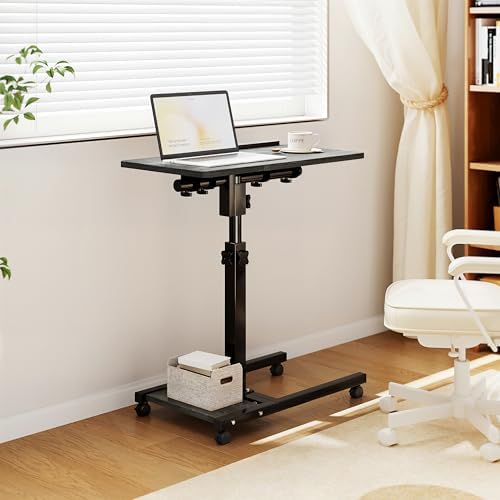 Furist Overbed Table with Wheels Adjustable Height, Mobile Standing Stand Up Rolling Laptop PC Desks with Tilting Top Height Tray Side Computer Workstation for Bedroom on Hospital Home Use, Black