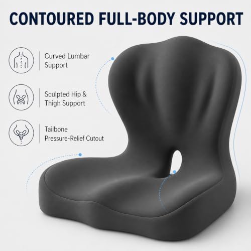 Ergonomic Memory Foam Seat Cushion, L Shaped Lumbar Support Pillow with Tailbone Relief, Orthopedic Chair Pad for Office, Car, Gaming Chair, Travel (Comfort Black)