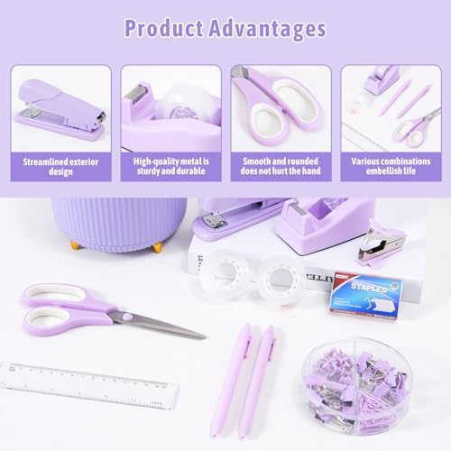 Gawsey Purple Desk Organizers and Accessories with Desk Organizer 360° Rotating Pen Holder and Office Supplies, Cute Stationery Supplies Set