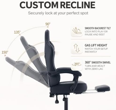Office Desk Computer Gaming Chair for Adults, Ergonomic High Back Gamer Chair with Massage and Pocket Spring Cushion, Swivel Comfy Video Game Chairs with Footrest and Lumbar Support (Black)
