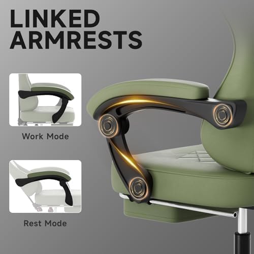 Gaming Chair with Footrest, Ergonomic Leather Computer Chair with Lumbar Support, Height Adjustable High Back Swivel Office Chair for Adults, Gamer Chair for Gaming, Working,Green