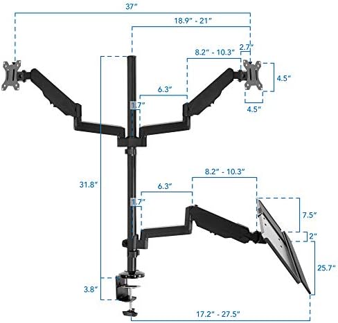 Mount-It! Dual Monitor Arm Desk Mount Sit-Stand Workstation with Keyboard Tray, Height Adjustable Gas Spring, Fits Two 17–32” Screens, 17.6 lbs Each, VESA 75x75 100x100, Clamp or Grommet (Black)