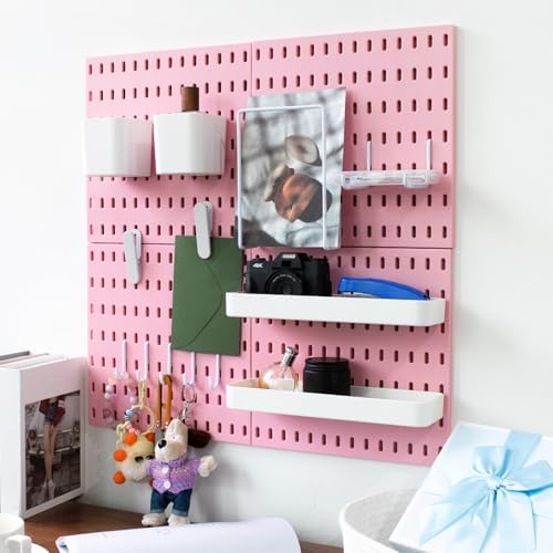 MULSAME Pegboard Combination Kit, Wall Mounted Storage Set with 4 Pegboards & 14 Accessories Hanging, Pink Peg Boards Organizer for Walls Display, Crafts Organization, Kitchen Organizer, 22" x 22"