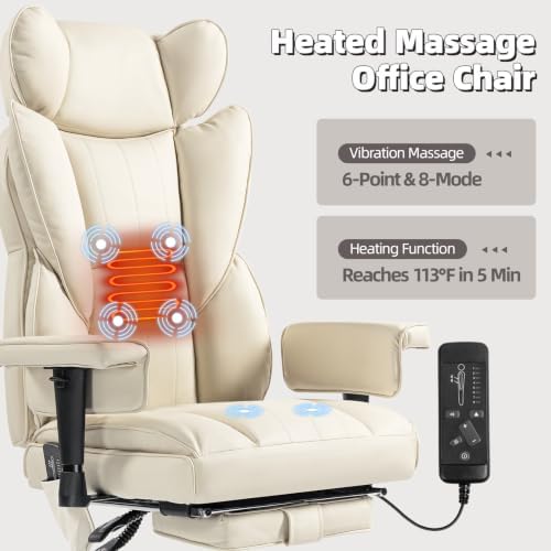 6 Points Massage Heated Home Office Chair with Foot Rest, Beige